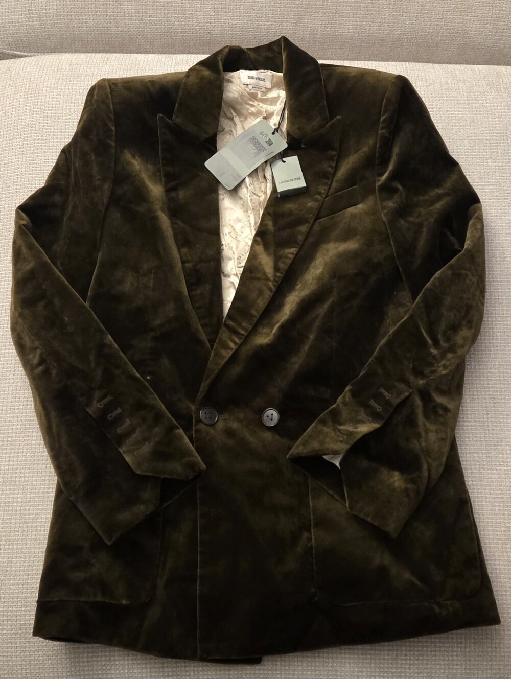 Zadig & Voltaire Olive Velvet Blazer with Cream Jacquard Lining